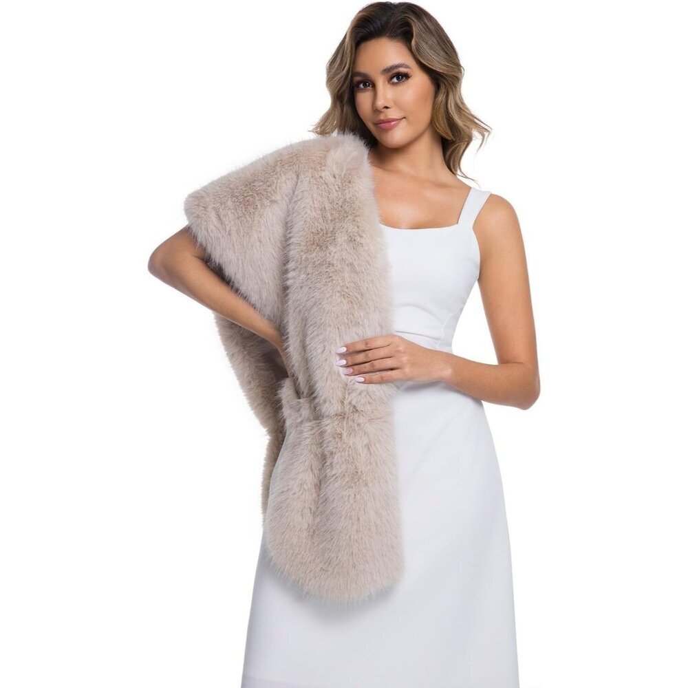 Women's Beige Faux Fur Winter Warm Wedding Neck Warmer Shawl Collar Scarf Stole - Picture 4 of 8